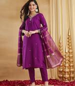 Women's purple viscose straight embroidered kurta set with pant and dupatta