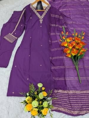 Women's purple viscose straight embroidered kurta set with pant and dupatta 2