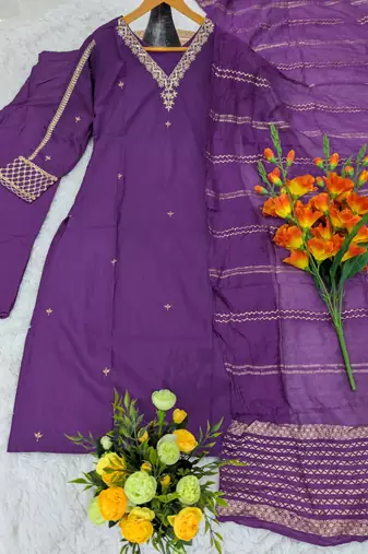 Women's purple viscose straight embroidered kurta set with pant and dupatta