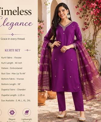 Women's purple viscose straight embroidered kurta set with pant and dupatta 2
