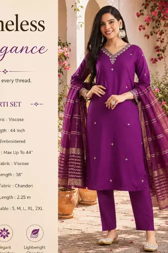 Women's purple viscose straight embroidered kurta set with pant and dupatta