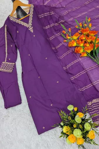 Women's purple viscose straight embroidered kurta set with pant and dupatta