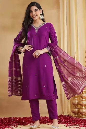 Women's purple viscose straight embroidered kurta set with pant and dupatta
