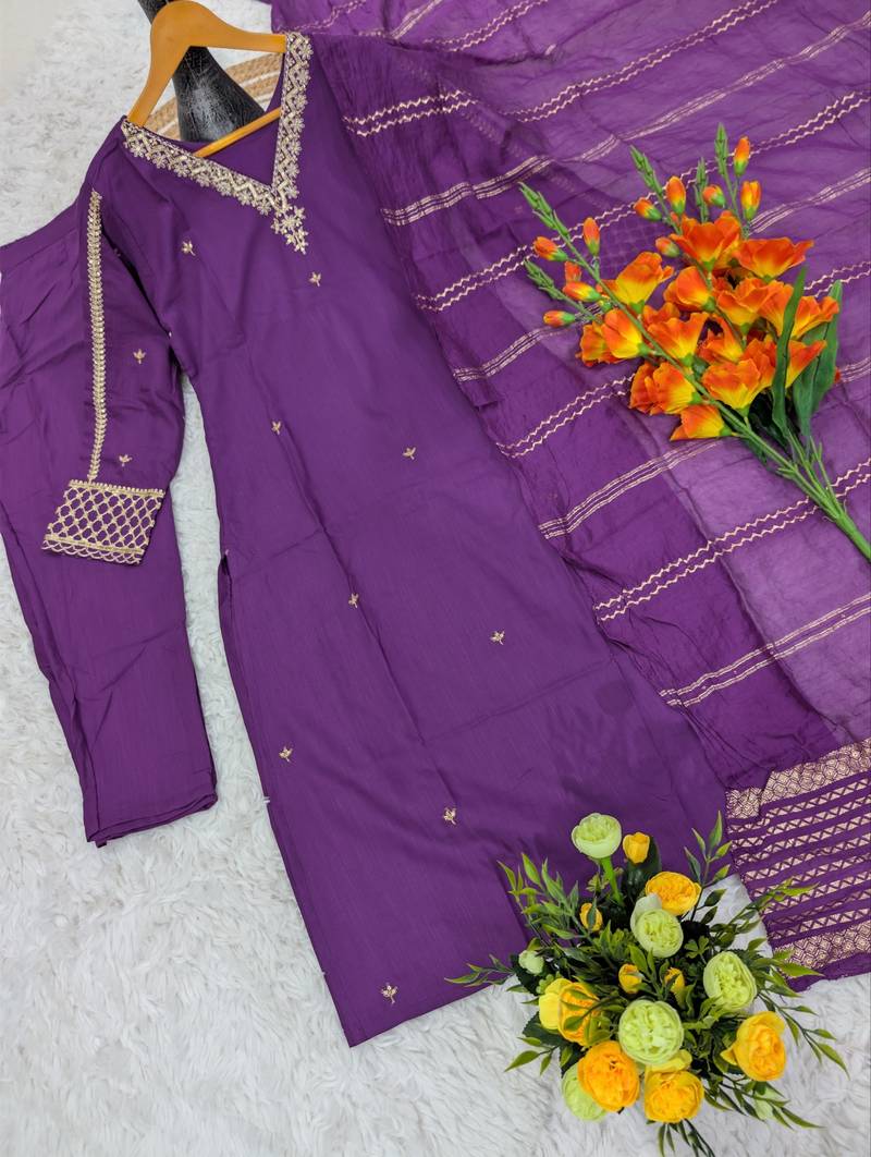 Women's purple viscose straight embroidered kurta set with pant and dupatta