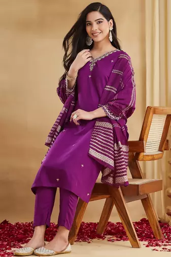 Women's purple viscose straight embroidered kurta set with pant and dupatta
