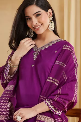 Women's purple viscose straight embroidered kurta set with pant and dupatta