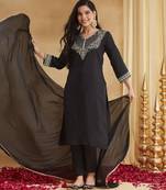 Women's black rayon straight embroidered kurta set with dupatta and pant