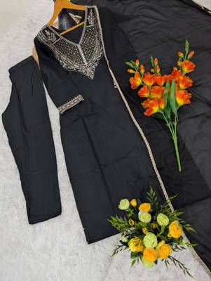 Women's black rayon straight embroidered kurta set with dupatta and pant 2