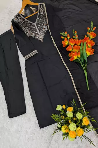 Women's black rayon straight embroidered kurta set with dupatta and pant