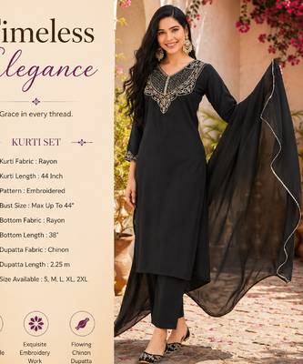Women's black rayon straight embroidered kurta set with dupatta and pant 2