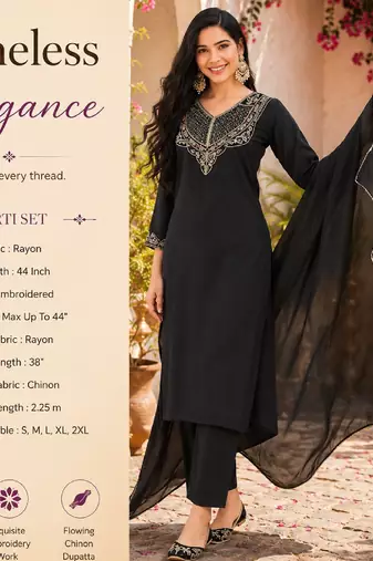 Women's black rayon straight embroidered kurta set with dupatta and pant