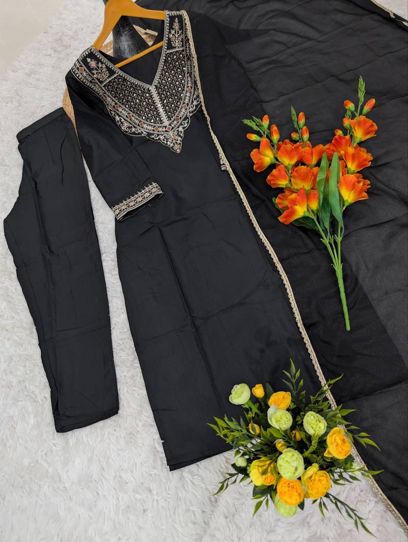 Women's black rayon straight embroidered kurta set with dupatta and pant