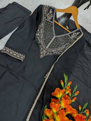 Women's black rayon straight embroidered kurta set with dupatta and pant 3