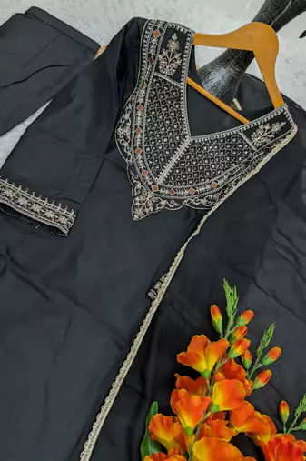 Women's black rayon straight embroidered kurta set with dupatta and pant