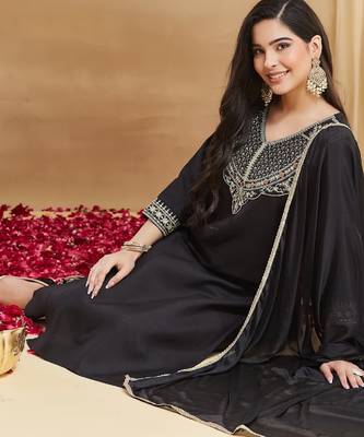Women's black rayon straight embroidered kurta set with dupatta and pant 4