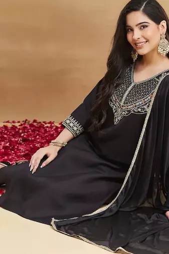 Women's black rayon straight embroidered kurta set with dupatta and pant