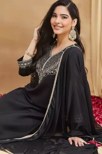 Women's black rayon straight embroidered kurta set with dupatta and pant