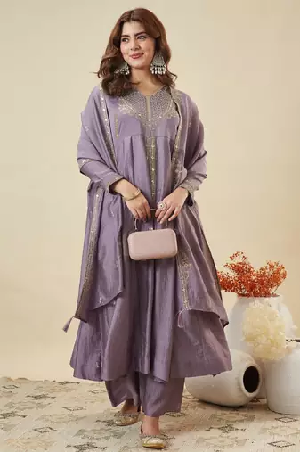 Women's lavender silk blend embroidered kurta set with palazzo and dupatta