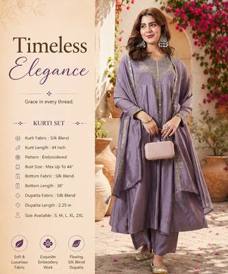Women's lavender silk blend embroidered kurta set with palazzo and dupatta 2