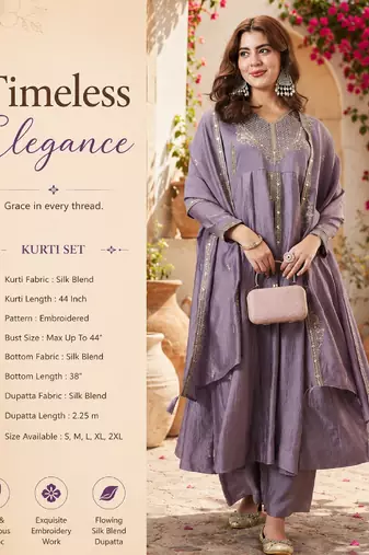 Women's lavender silk blend embroidered kurta set with palazzo and dupatta