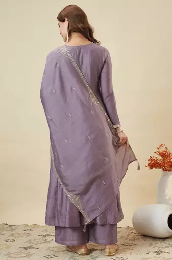 Women's lavender silk blend embroidered kurta set with palazzo and dupatta
