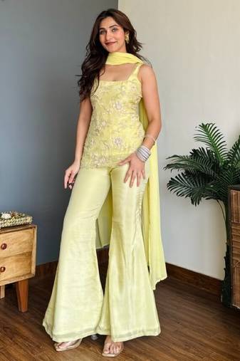 Women's yellow faux georgette embroidered kurti set with palazzo and dupatta