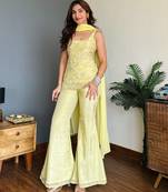 Women's yellow faux georgette embroidered kurti set with palazzo and dupatta
