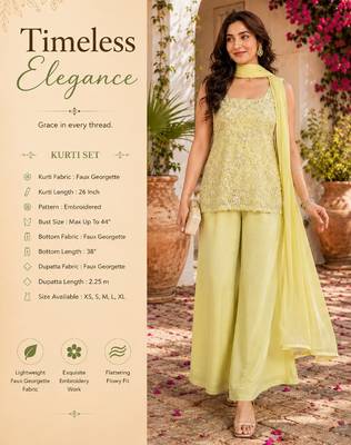 Women's yellow faux georgette embroidered kurti set with palazzo and dupatta 2