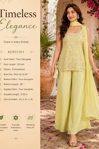 Women's yellow faux georgette embroidered kurti set with palazzo and dupatta