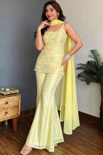 Women's yellow faux georgette embroidered kurti set with palazzo and dupatta