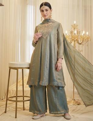 Women's sage green fandy silk embroidered kurta set with palazzo and dupatta 1