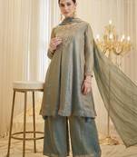Women's sage green fandy silk embroidered kurta set with palazzo and dupatta