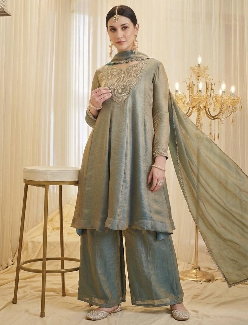 Women's sage green fandy silk embroidered kurta set with palazzo and dupatta