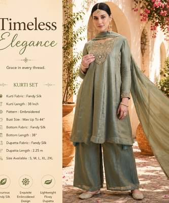 Women's sage green fandy silk embroidered kurta set with palazzo and dupatta 2