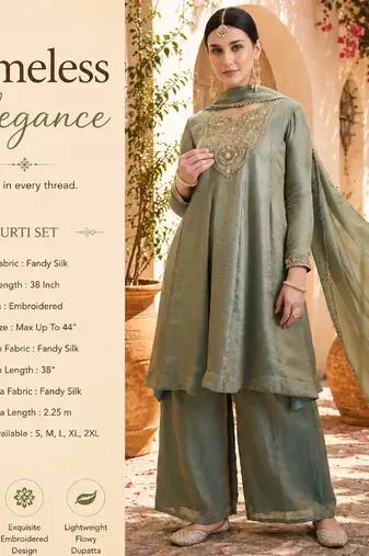 Women's sage green fandy silk embroidered kurta set with palazzo and dupatta