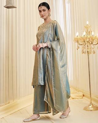 Women's sage green fandy silk embroidered kurta set with palazzo and dupatta 3
