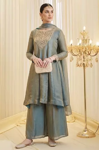 Women's sage green fandy silk embroidered kurta set with palazzo and dupatta
