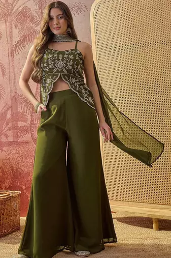 Women's green georgette embroidered kurti with palazzo and dupatta