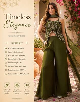 Women's green georgette embroidered kurti with palazzo and dupatta 2