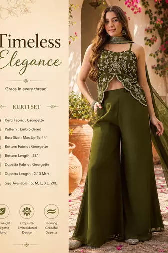 Women's green georgette embroidered kurti with palazzo and dupatta