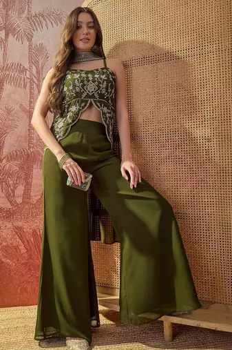 Women's green georgette embroidered kurti with palazzo and dupatta