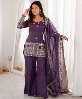 Women's purple embroidered straight crunchy silk kurta set with palazzo and dupatta 1