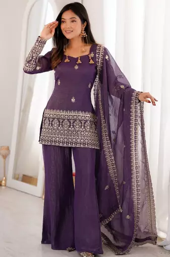 Women's purple embroidered straight crunchy silk kurta set with palazzo and dupatta