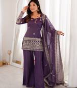 Women's purple embroidered straight crunchy silk kurta set with palazzo and dupatta