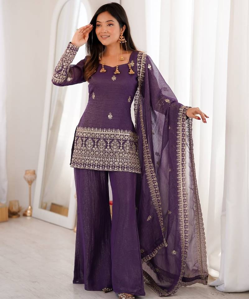 Women's purple embroidered straight crunchy silk kurta set with palazzo and dupatta
