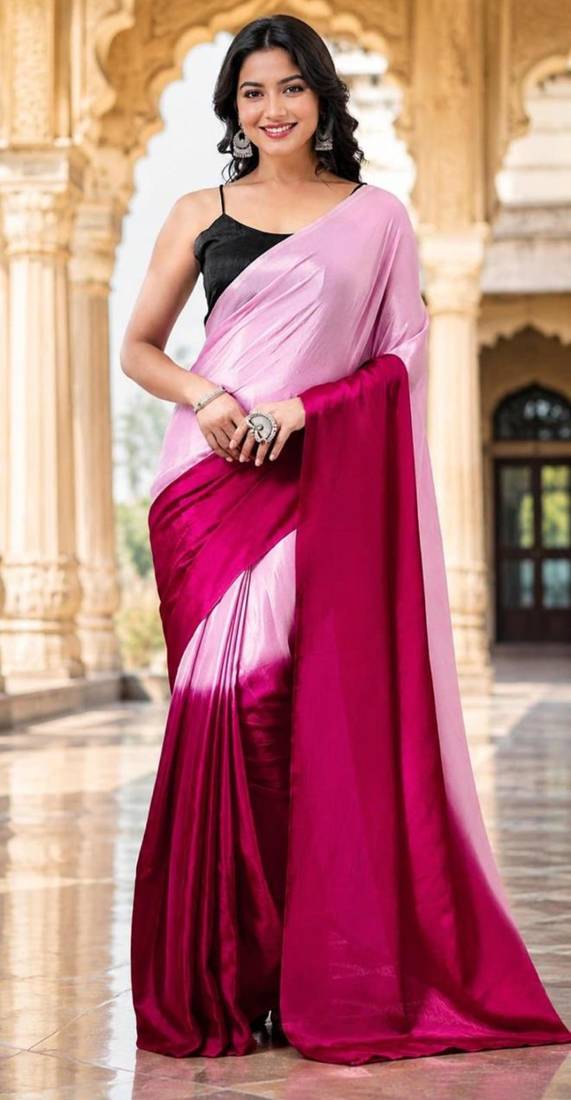 pre stitched Pink georgette woven saree with zari work