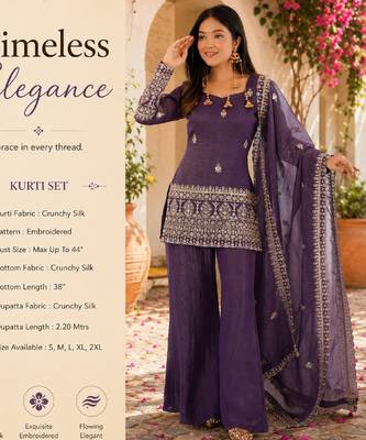 Women's purple embroidered straight crunchy silk kurta set with palazzo and dupatta 2