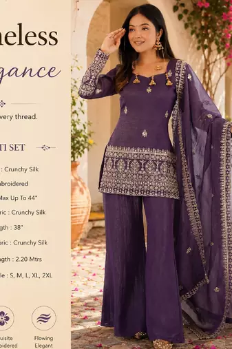 Women's purple embroidered straight crunchy silk kurta set with palazzo and dupatta