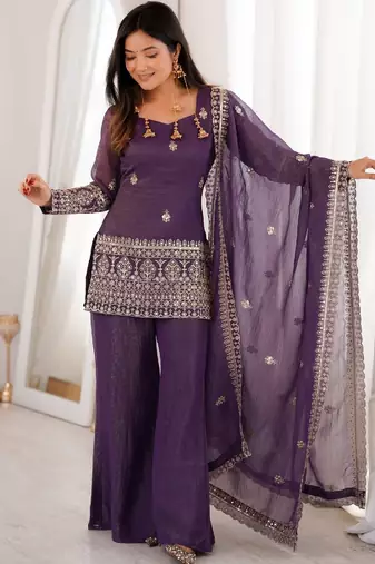 Women's purple embroidered straight crunchy silk kurta set with palazzo and dupatta