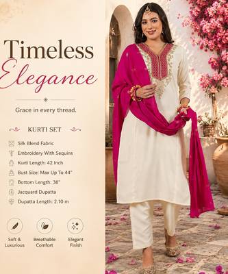 Women's off white straight embroidered silk blend kurta set with dupatta and pant 2